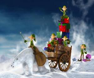 пазл Эльфы помогают Санта-Клауса доставить рождественские подарки